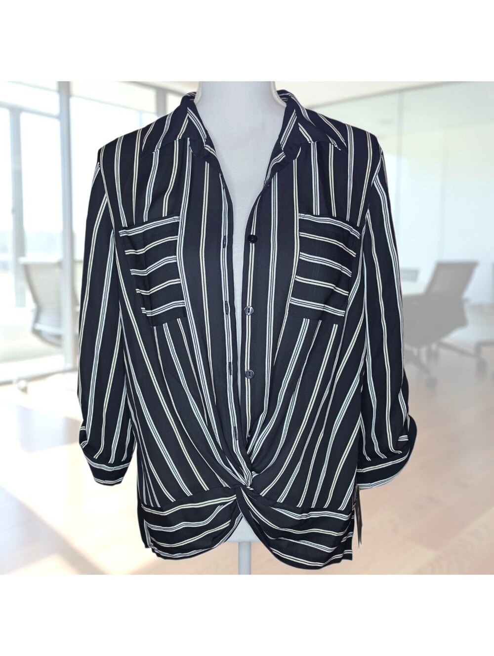 NEW Large IZ Byer Button Up Womens Blouse - Black White Stripe Tie Front Office